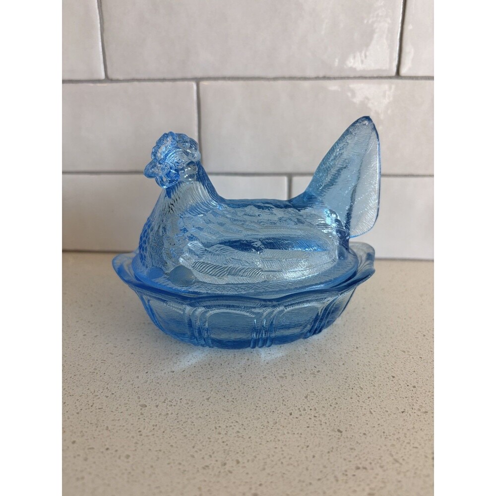 Vintage Fenton XL "Forget-Me-Not" Blue Hen On Nest EXCELLENT CONDITION